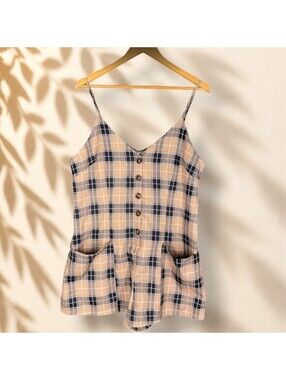 Ally Romper Women 8 Beige Plaid V-Neck Sleeveless Pockets Button Pockets Casual